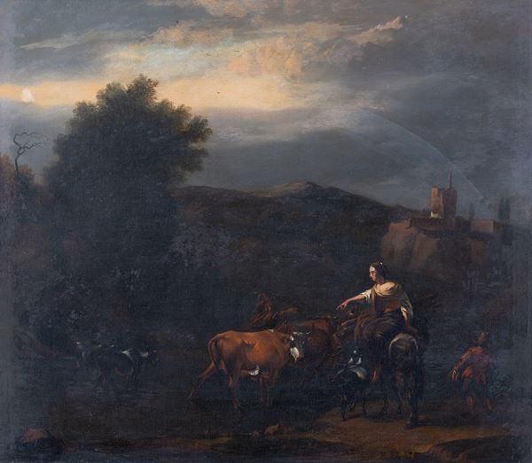 Scuola napoletana, fine XVIII  inizi XIX secolo - Paesaggio con figure