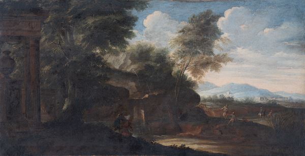 Scuola napoletana, inizio del XVIII secolo - Paesaggio di campagna con figure