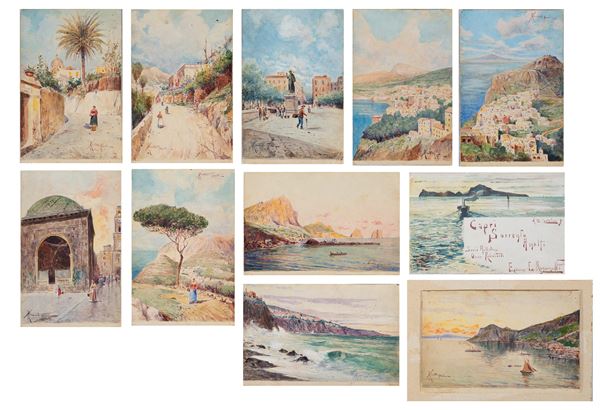 Oscar  Ricciardi (Napoli, 1864-1935) - Gruppo di 10 vedute della celebre serie di cartoline postali delle edizioni Ragozino - Napoli e il frontespizio della serie stampato