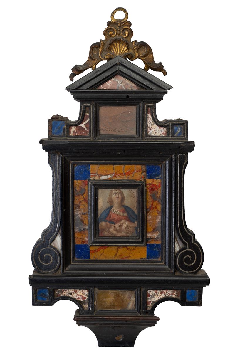 Edicola in legno ebanizzato e dipinto su rame centralizzato raffigurante Madonna con Bambino