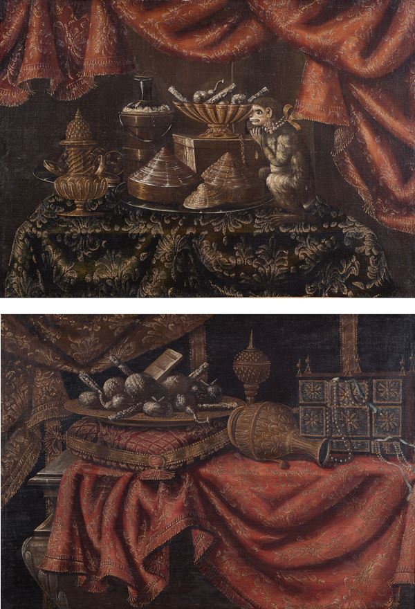 bottega di Francesco Noletti, detto il Maltese (Valletta ? 1611 circa &#8211; Roma 1654) - a) Anfora, ceste, coppa con frutta candita con scimmia su un piano con ricca tovaglia; b)Cuscino, vassoio con frutta vasi e scrigni