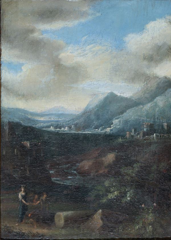 cerchia di Fran&#231;ois  de Nom&#232;, detto Mons&#249; Desiderio - Scena galante in riva ad un fiume