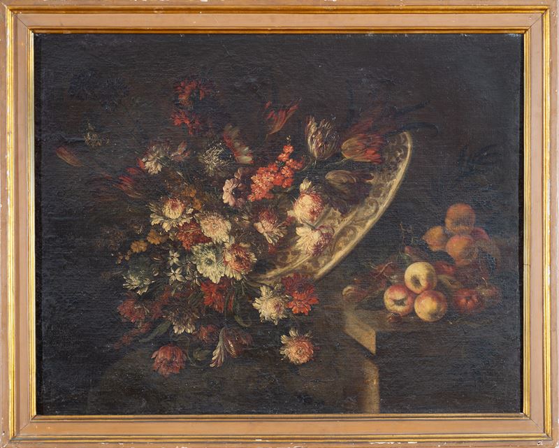 a) Vaso istoriato con fiori e frutta su un piano; b) Cesta con bouquet di peonie, garofani e altr...