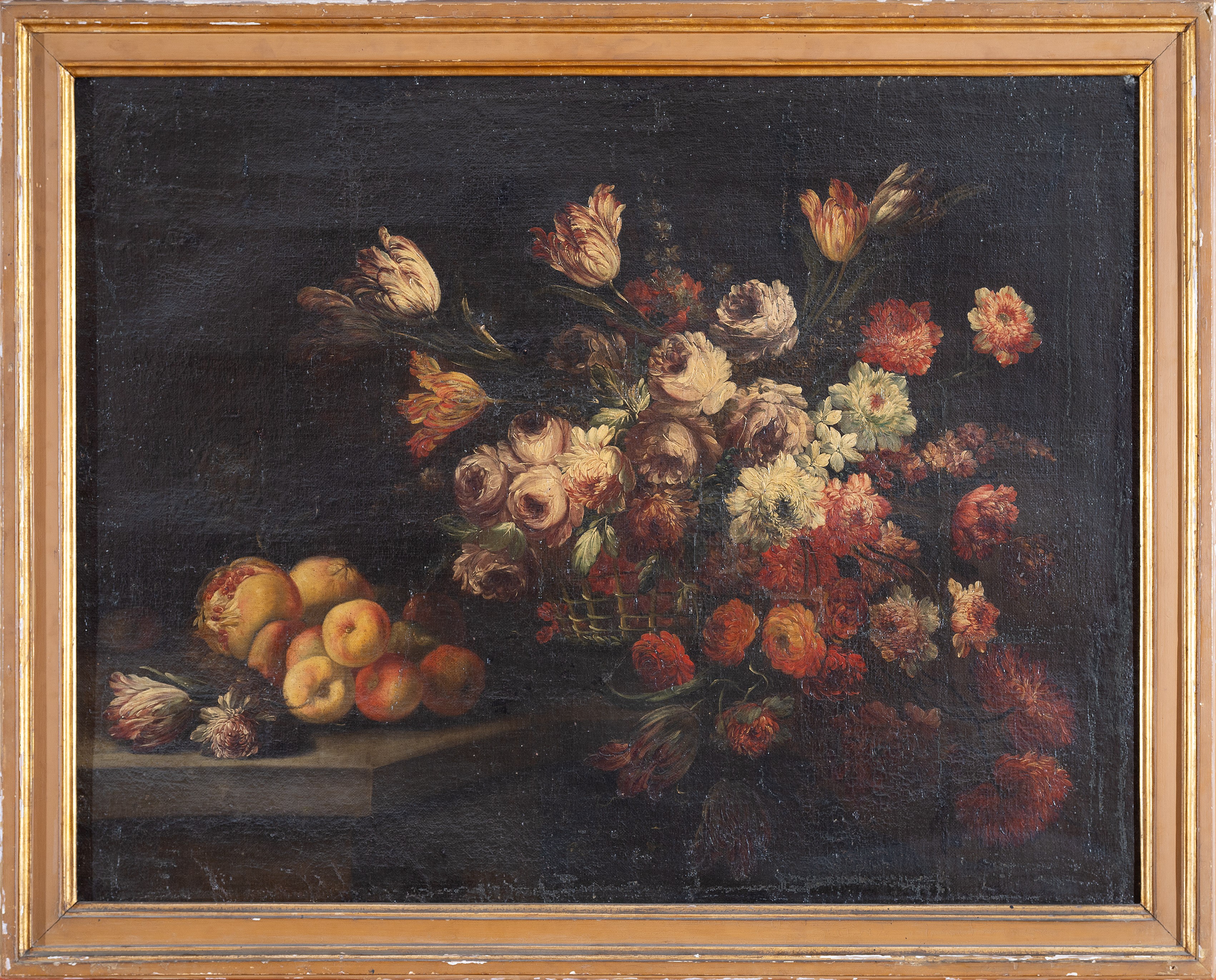 a) Vaso istoriato con fiori e frutta su un piano; b) Cesta con bouquet di peonie, garofani e altr...