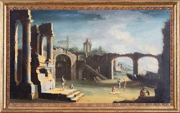 Leonardo Coccorante (Napoli, 1680&#8211;1750) - a) Resti di un antico templio nei pressi di un porto b) Diverbio tra pescatori nei pressi di antichi porticati