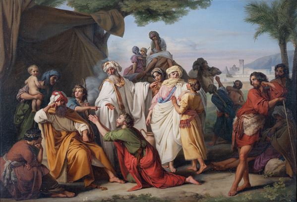 cerchia di Francesco Hayez (Venezia, 1791 - Milano, 1882) - Giacobbe che implora da Labano il consenso al matrimonio con Rachele