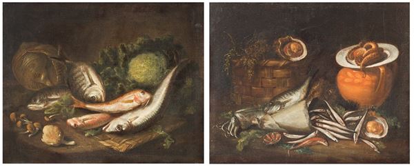 Tommaso Realfonso, detto Masillo : a) Lattughe, orate, triglia, spigola e funghi su un piano;  b)Spigola, calamaro, ricci e alici su un piano, polpo su piatto e capasanta in cesto   - coppia di oli su tela  - Asta Oggetti d'arte, Dipinti Antichi e del XIX secolo - Blindarte Casa d'Aste