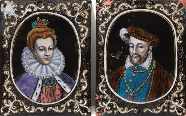 Limoges, XIX secolo - Coppia di ritratti di Caterina de' Medici e Enrico di Valois, re di Francia