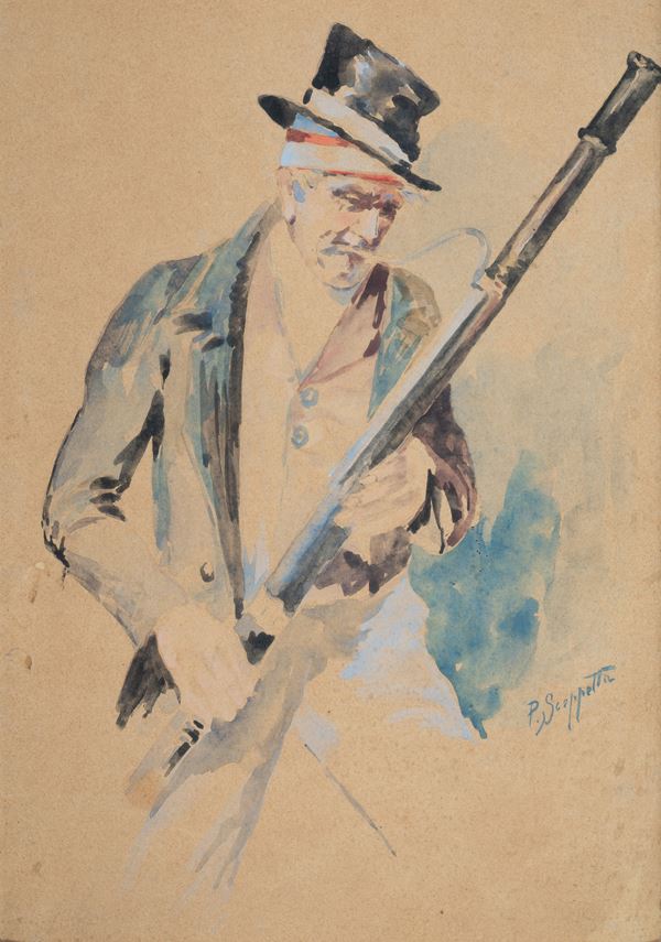 Pietro Scoppetta (Amalfi, 1863 - Napoli, 1920) - Ritratto di gentiluomo con cappello e bastone