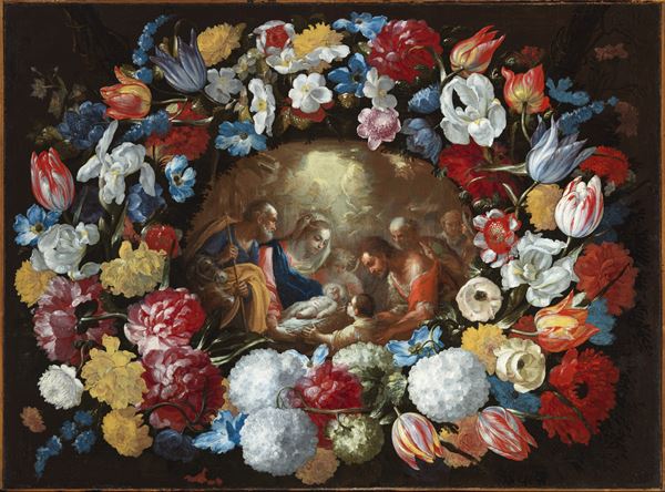 a) Adorazione dei pastori entro una ghirlanda di fiori; b) Adorazione dei magi entro una ghirlanda di  [..]
