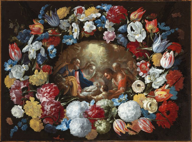 a) Adorazione dei pastori entro una ghirlanda di fiori; b) Adorazione dei magi entro una ghirland...