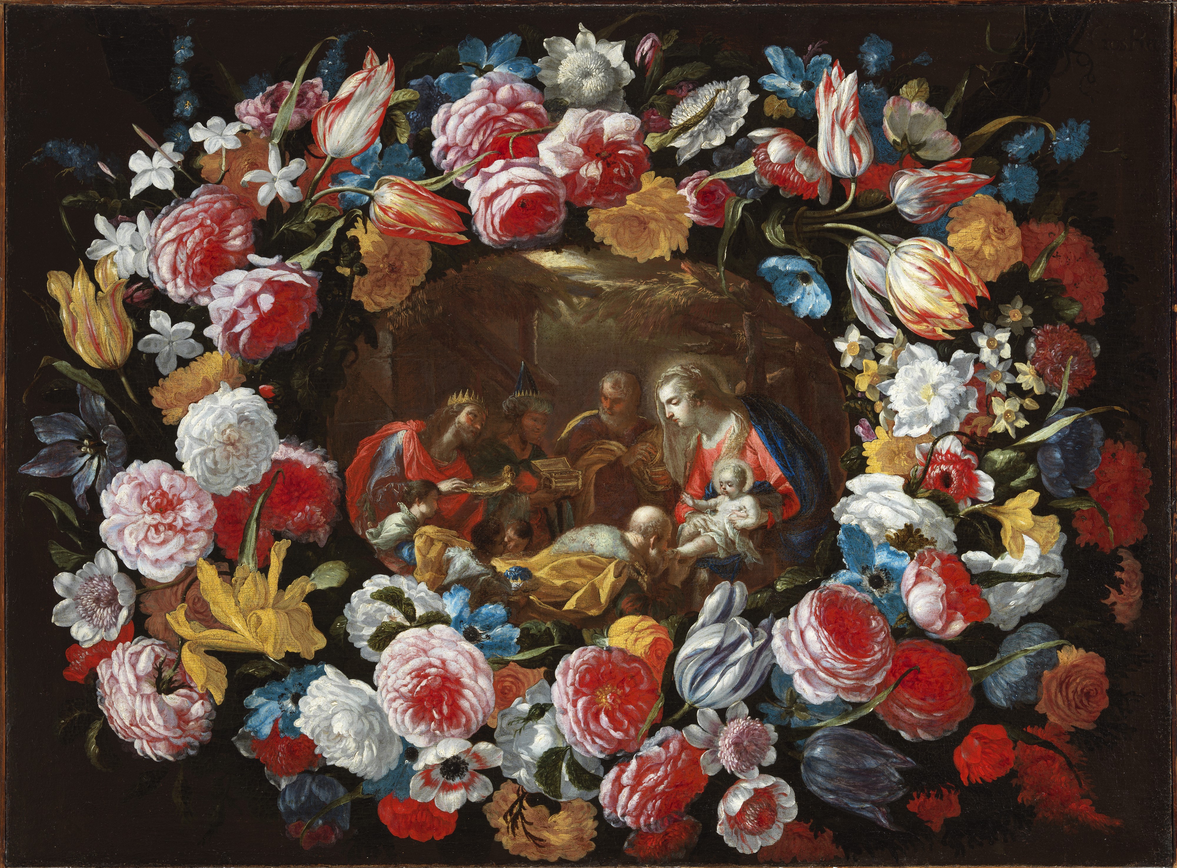a) Adorazione dei pastori entro una ghirlanda di fiori; b) Adorazione dei magi entro una ghirland...