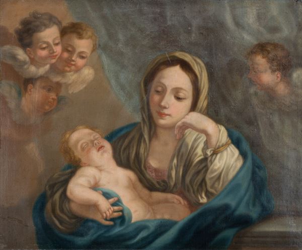 Scuola napoletana, XVIII secolo - Madonna con bambino e angeli