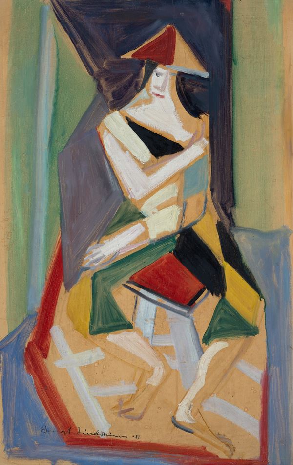 Bengt Lindstr&#246;m : Senza titolo (Uomo asiatico)  (1951)  - Olio su masonite - Asta Arte Moderna e Contemporanea - Blindarte Casa d'Aste