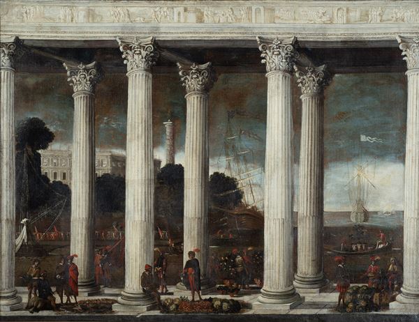 cerchia di Agostino Tassi, (Roma, 1580-1644) - Porticato di un Templio con figure nei pressi di un porto