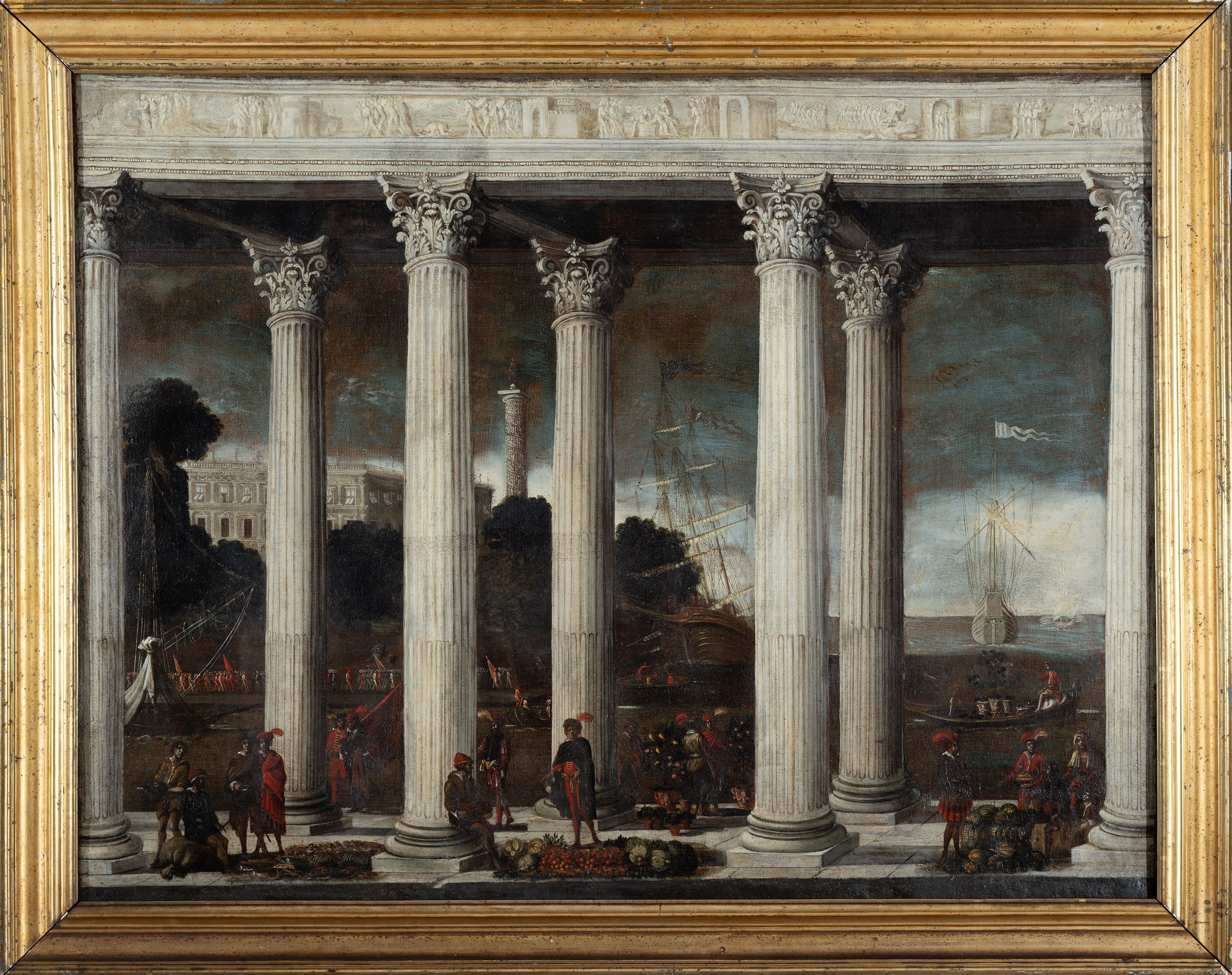 Porticato di un Templio con figure nei pressi di un porto