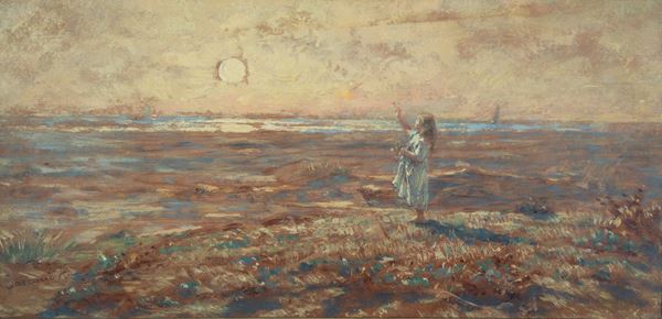 Filippo Carcano (Milano, 1840 - 1914) - Fanciulla che gioca su una spiaggia