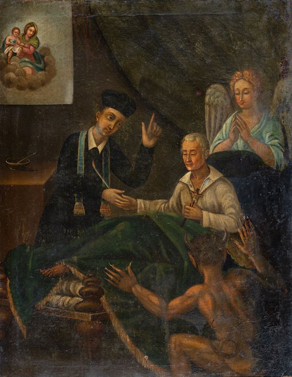 Scuola emiliana, fine XVIII secolo : La guarigione dopo l'esorcismo  - olio su tela - Asta Oggetti d'arte, Dipinti Antichi e del XIX secolo - Blindarte Casa d'Aste
