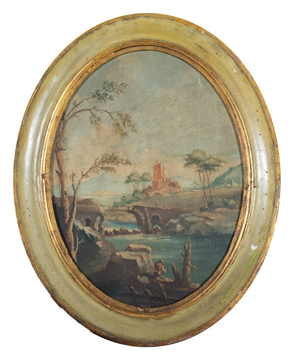 Scuola italiana, fine XVIII inizi XIX secolo - Paesaggio nei pressi di un ponte