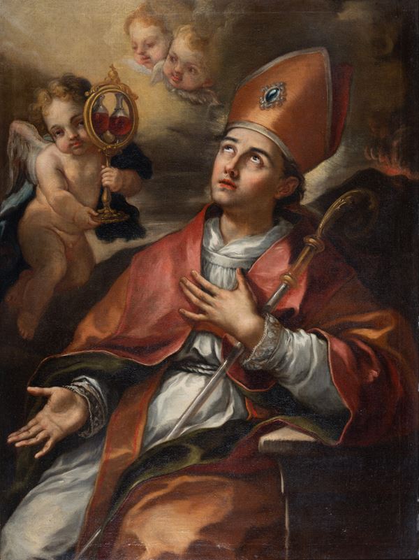 Scuola napoletana, fine XVII  - prima met&#224; XVIII secolo - San Gennaro in estasi con le sacre ampolle del sangue miracoloso