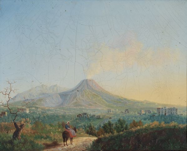 Scuola napoletana, fine XVIII secolo - Veduta di Torre del Greco con Vesuvio sullo sfondo