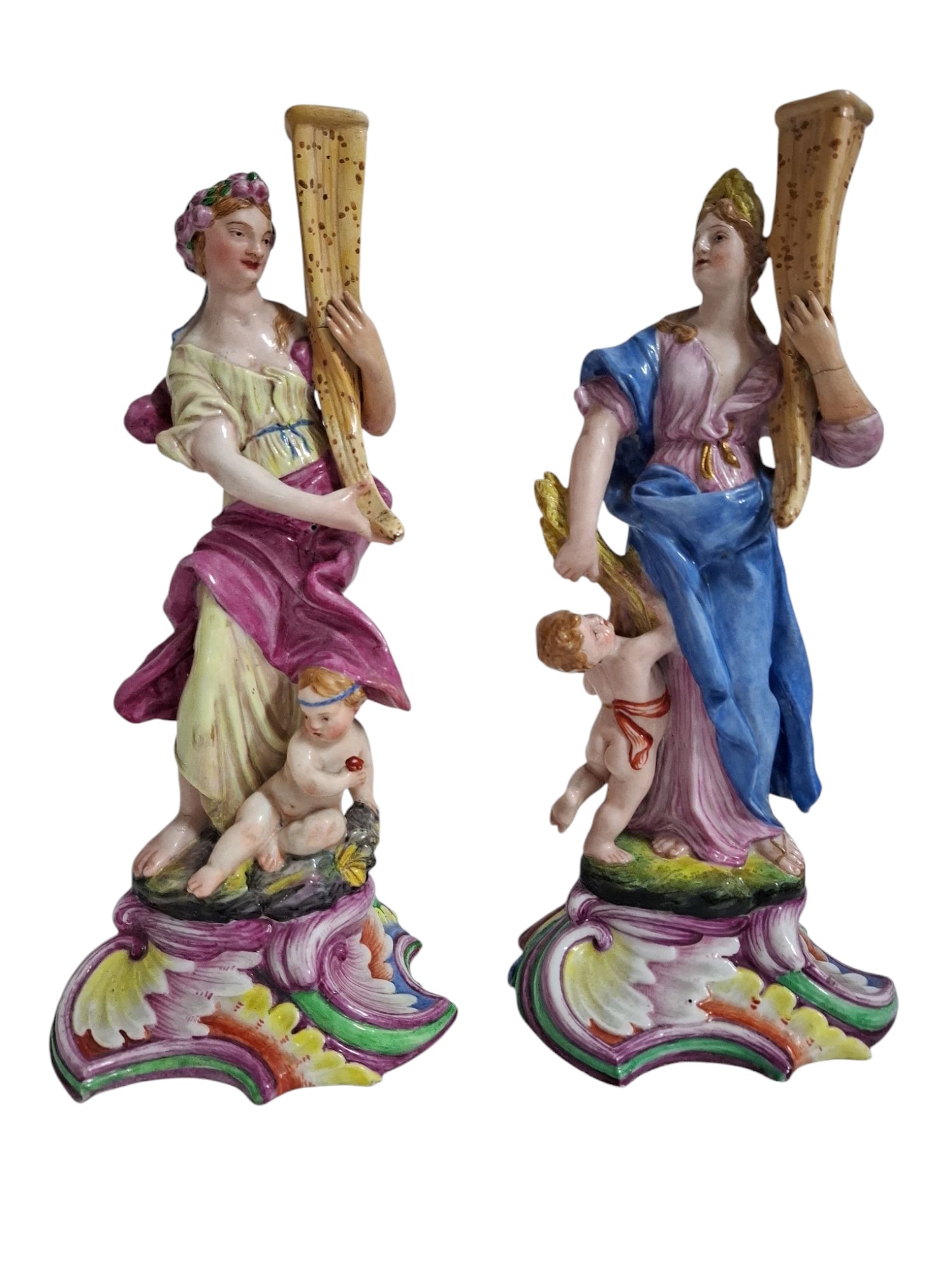 a)Coppia di figure femminili reggicandele; b) Statuetta porta profumo; c) Coppia di musicisti cin...