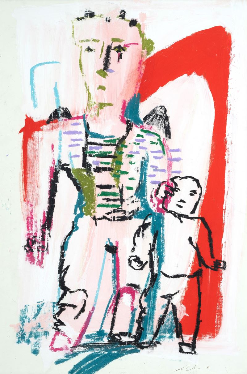 Sandro Chia - Senza titolo (Figure), tecnica mista su carta applicata su tela, 1989