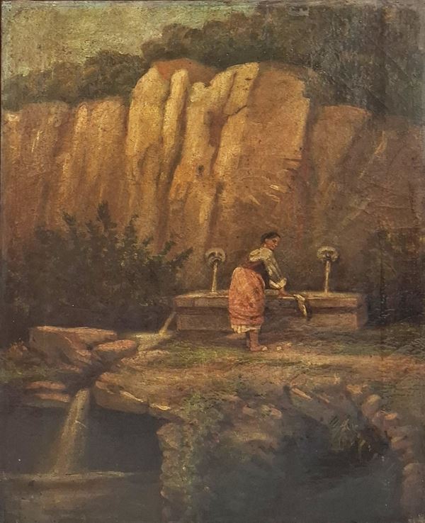 Scuola napoletana, XIX secolo - Lavandaia nei pressi di una sorgente