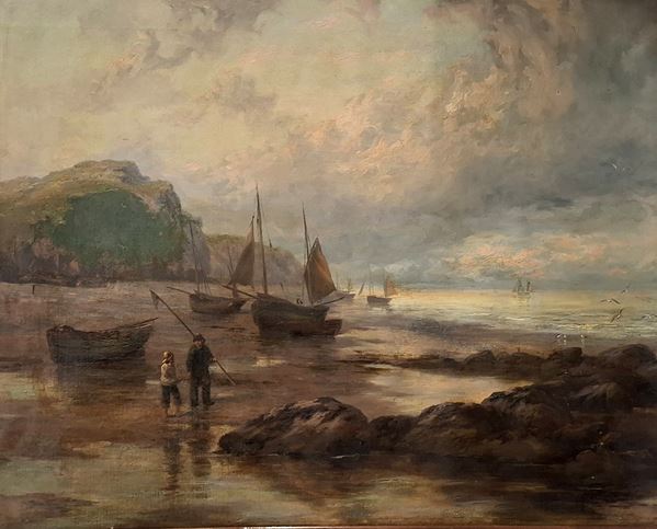 Scuola inglese fine XIX secolo - Paesaggio con pescatori