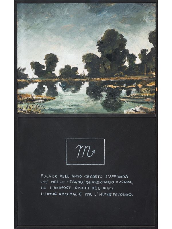 Marco Vacchetti : Fulgor dell'anno secreto s'affonda chè nello stagno, quaternario d'acqua, le luminose radici del dieci l'umor raccoglie per l'humus fecondo  (1990)  - Oil diptych and chalk on board - Auction + Contemporary Art - Blindarte Casa d'Aste