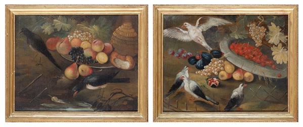 Scuola dell'Italia Settentrionale, XIX secolo - a)Fruit plate, a flask and a loaf of bread with birds; b)Birds, grapes, pears and other fruits and vegetables
