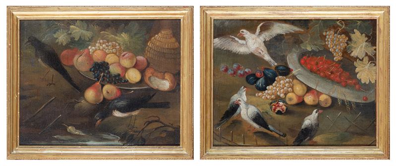 a)Piatto di frutta, un fiasco e una pagnotta con volatili; b)Uccelli, uva, pere e altri frutti