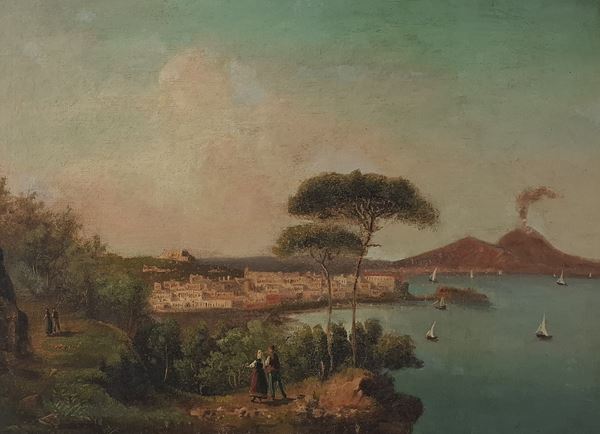 Scuola napoletana, XIX secolo - View of Naples with Vesuvius in the background