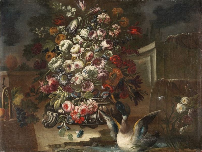 Trionfo di peonie e rose con uccello