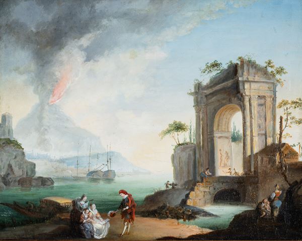 Scuola siciliana, prima met&#224; del XVIII secolo - Fantastic view with Etna erupting in the background and the lost Arch of Marcellus (?) in the background