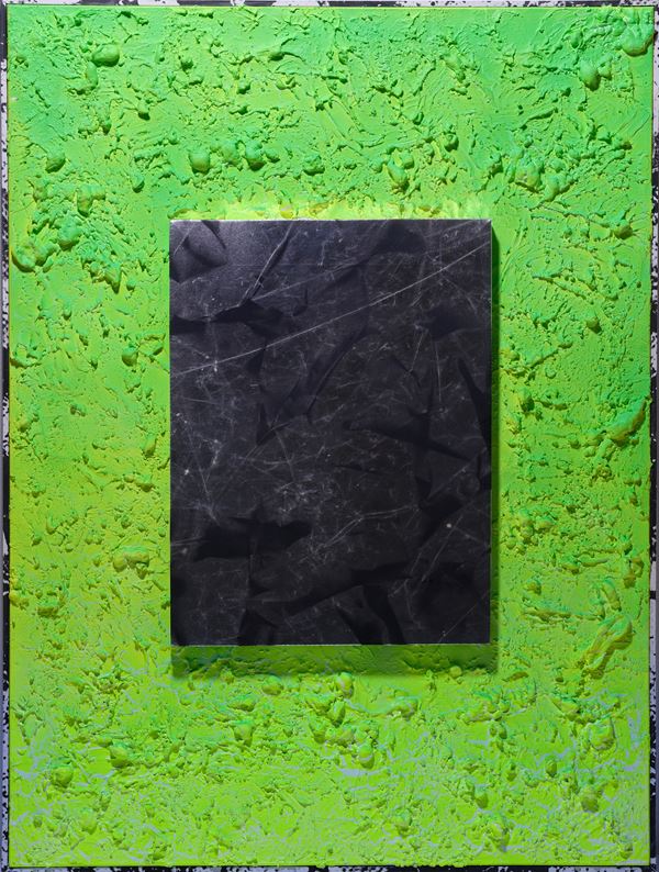 Roman  Liska - Untitled (Slanted, sliver crease on yellow/green texture crackle piece w/dazzel frame)