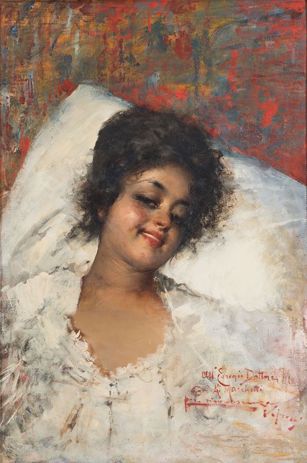 Vincenzo Irolli (Napoli, 1860 - 1949) - Girl on a pillow