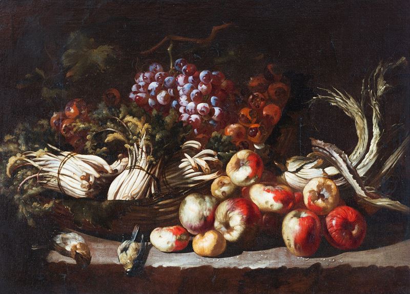 Composizione di frutta e verdura su gradino roccioso