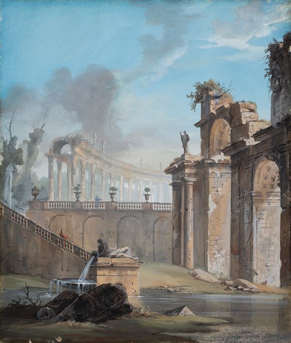 Scuola romana, XVIII secolo - Capriccio architettonico con fontana