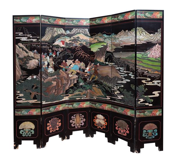 Manifattura orientale, inizio XX secolo - Paravento in legno laccato