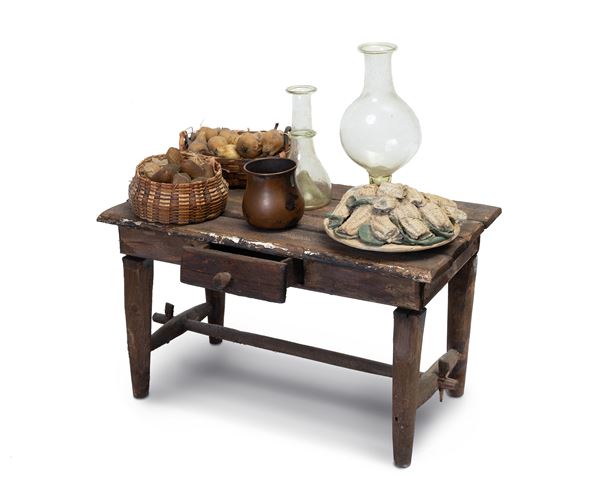 Manifattura napoletana, XVIII secolo - Wooden tavern table with utensils