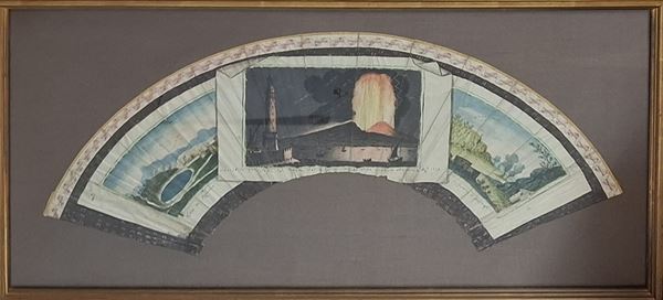 Napoli, XIX secolo - Gouache for a fan decorated with views of Lake Agnano, the Solfatara of Pozzuoli and the terrible eruption of Mount Vesuvius