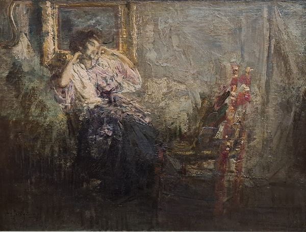 Luca Postiglione (Napoli, 1876 - 1936) - Interno con figura