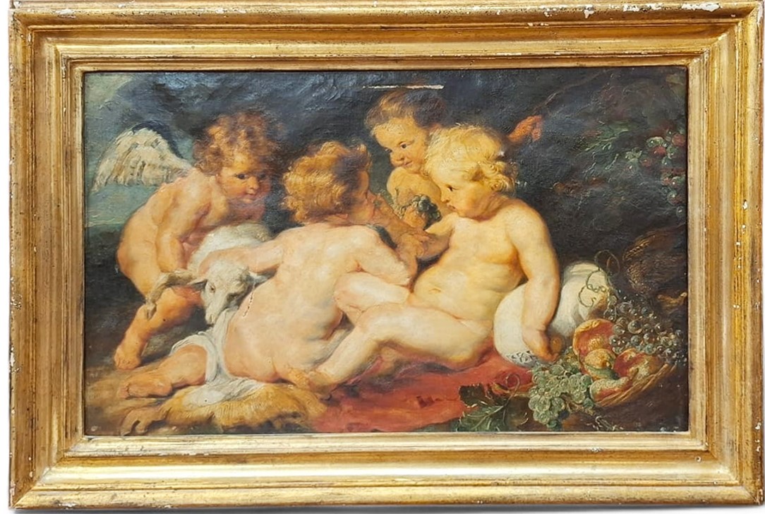 Gesù e Giovanni Battista bambini con due angeli