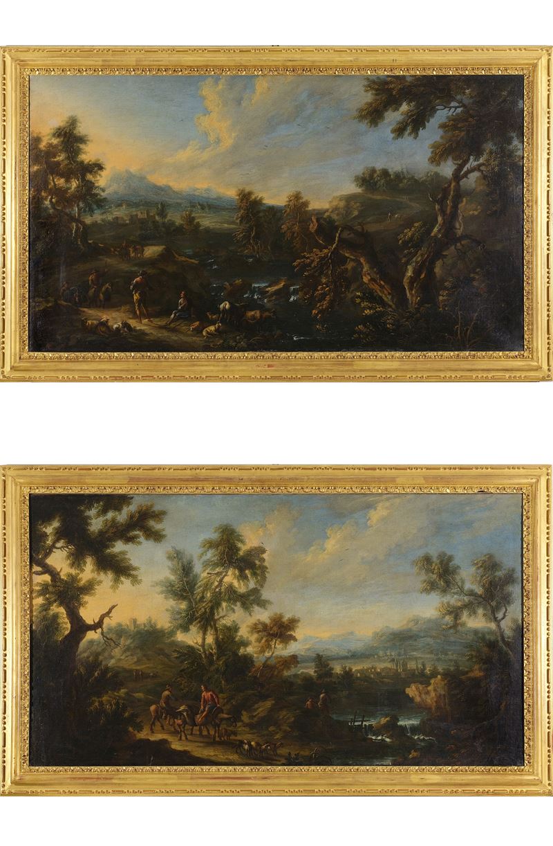 a) Cavalieri lungo un fiume con borgo sullo sfondo; b) Contadini a riposo nei pressi di un fiume