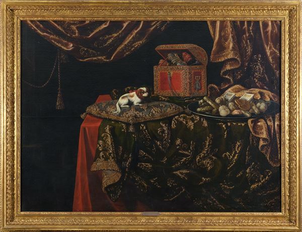Still life with a dog, tray and chest on a table with a carpet and drapes