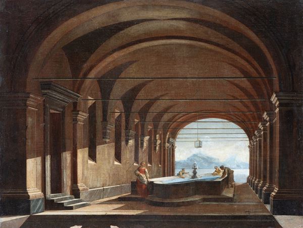 Viviano Codazzi (Taleggio, c. 1606 – Roma, 1670) e Niccolò Codazzi (Napoli 1642- Genova 1693) - Architectural capriccio with women at the washhouse