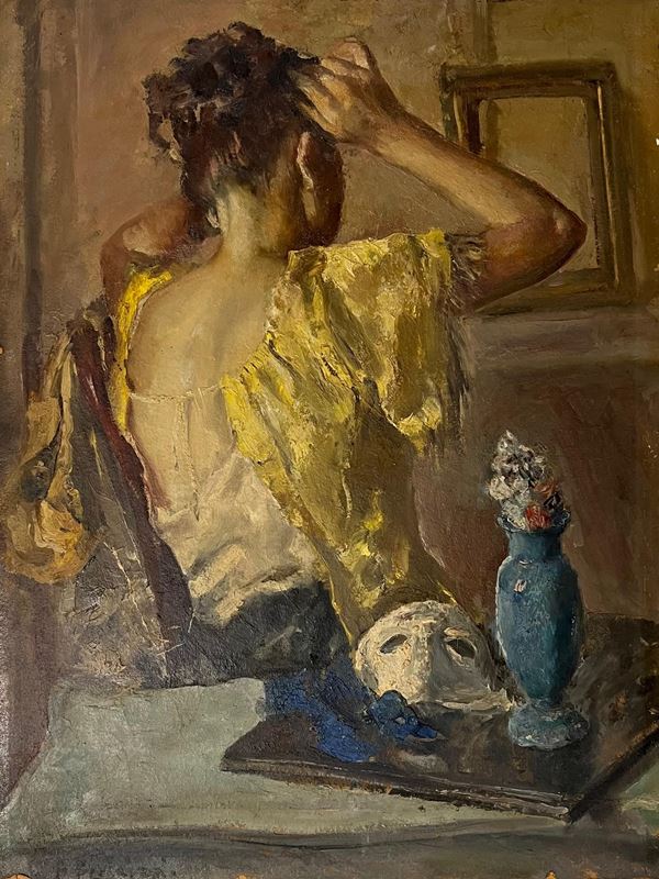 Antonio Bresciani (Napoli, 1902 – 1998) : Preparativi per il ballo in maschera  - Olio su tela applicata su masonite - Asta Napoli800900 - Blindarte Casa d'Aste