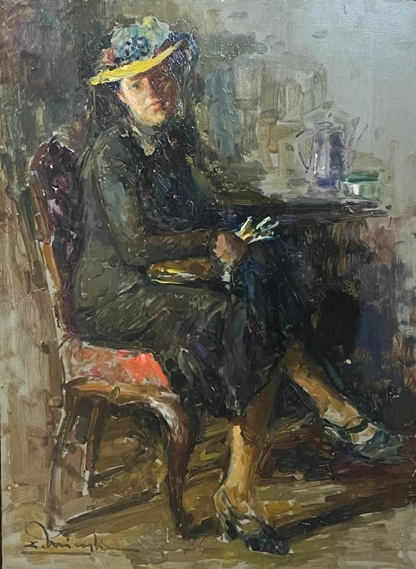Ermogene Miraglia : Ritratto di nobildonna in poltrona  - Oil on Masonite - Auction Napoli800900 - Blindarte Casa d'Aste