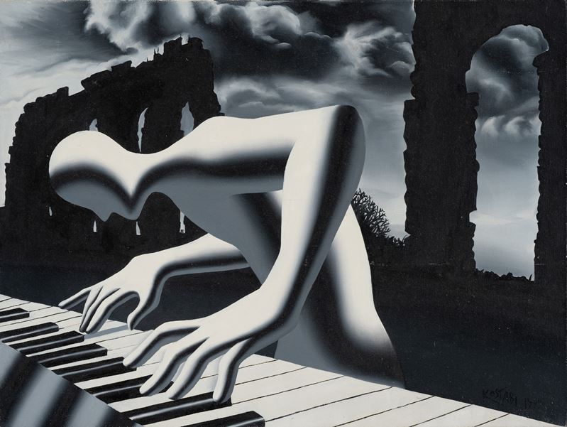 Mark Kostabi - Scaling down the past, olio su tela (1999)